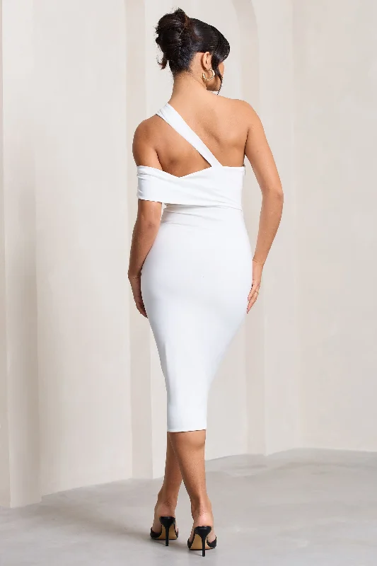 Ella | White Asymmetric Neck Cut Out Midi Dress