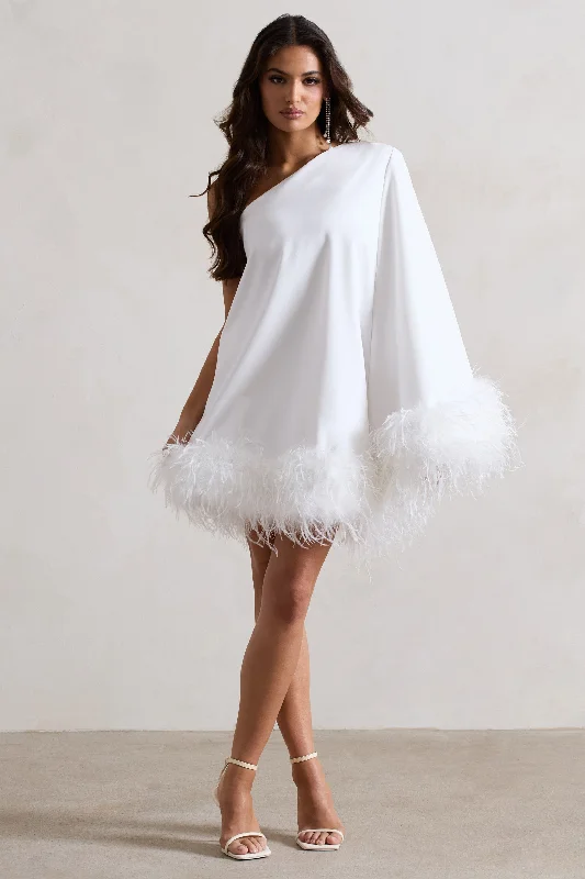 Epiphany | White One Shoulder Cape Sleeve Mini Dress With Feathers