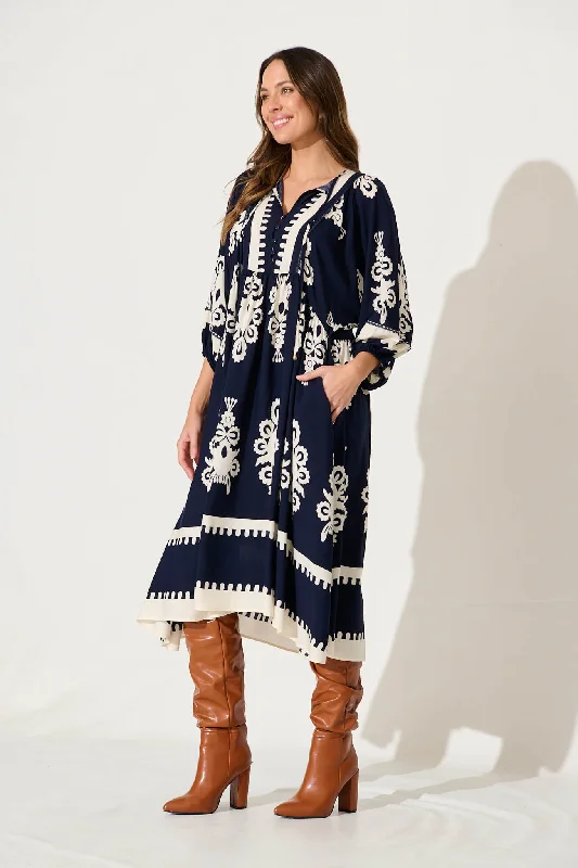 Barrymore Midi Dress In Navy With Cream Border Print