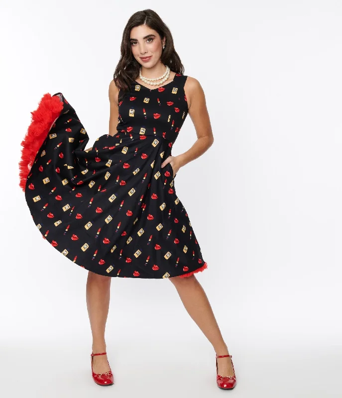 Black Makeup Print Swing Dress