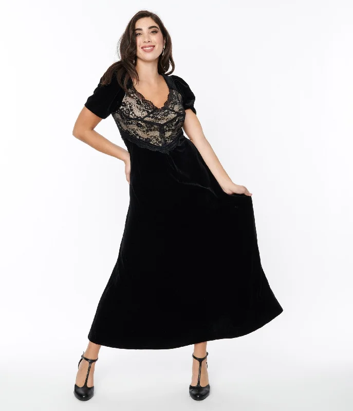 Black Velvet & Cream Lace Maxi Dress