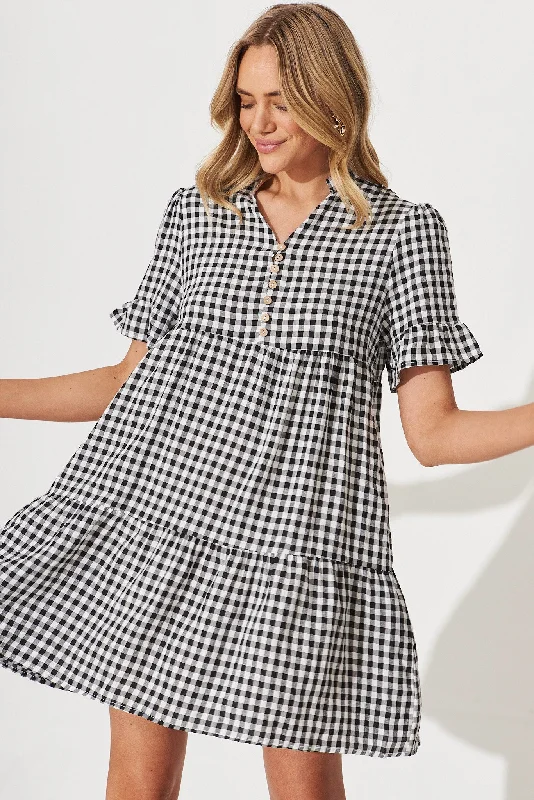 Danna Smock Dress In Black And White Gingham Cotton Blend