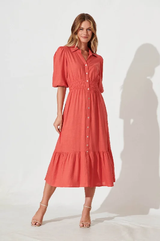 Hopkins Midi Shirt Dress In Coral Linen Blend