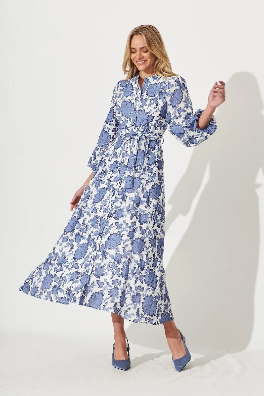 Lorie Maxi Shirt Dress In Blue With White Floral Cotton Blend