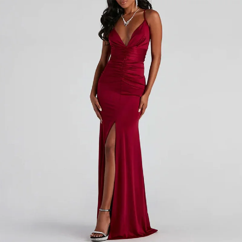 V High Slit Maxi Dress - Red