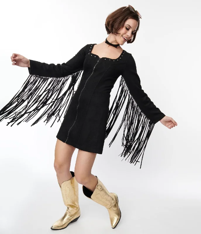 Smak Parlour Black Suede Shift Fringe Dress