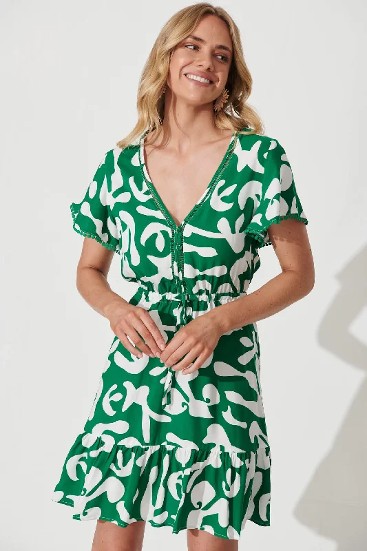 Tara Dress In Green With White Print