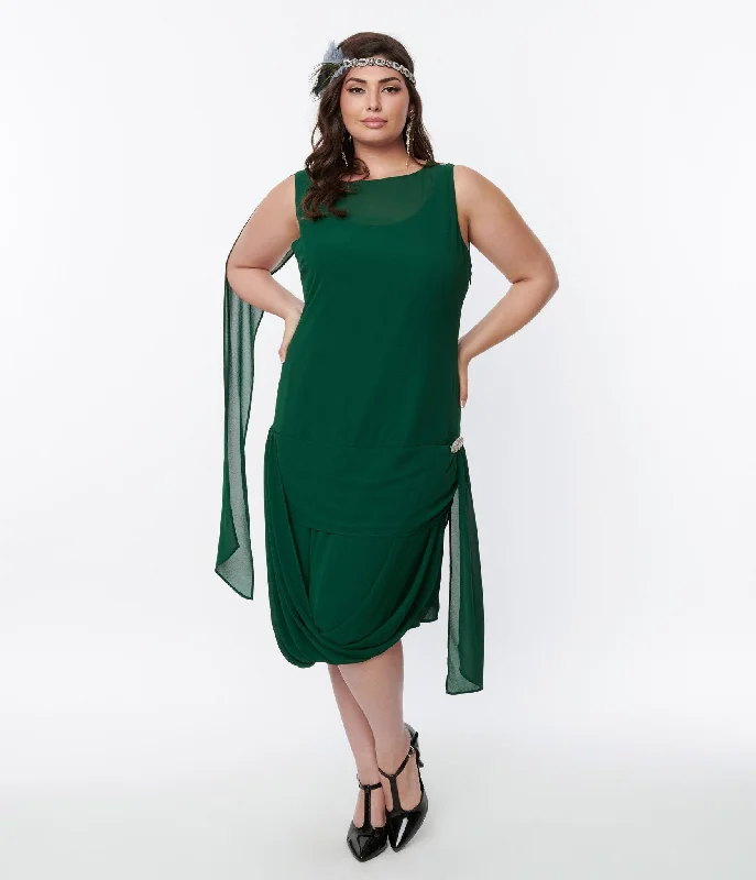 Unique Vintage 1920s Emerald Green Draped Flapper Dress