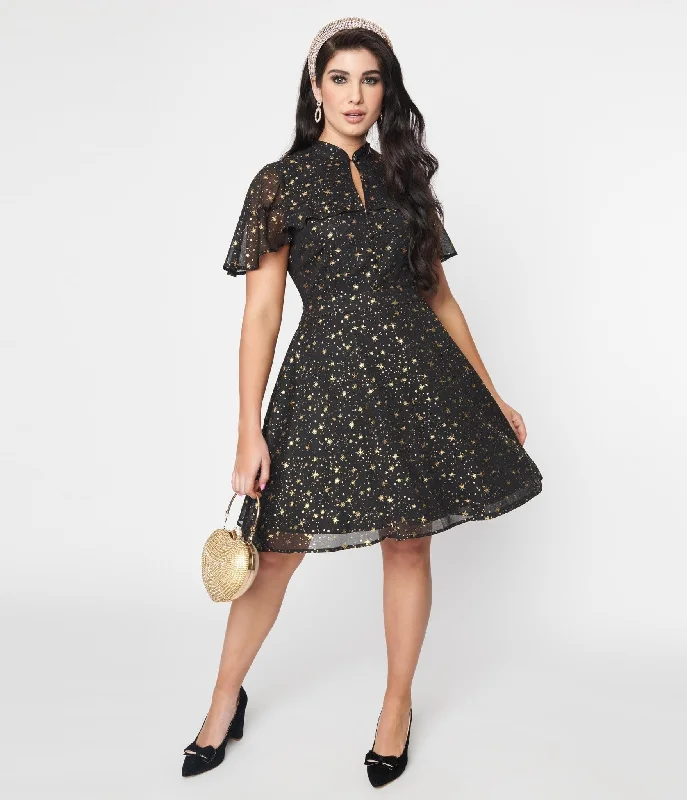 Unique Vintage Black & Gold Star Capulet Fit & Flare Dress