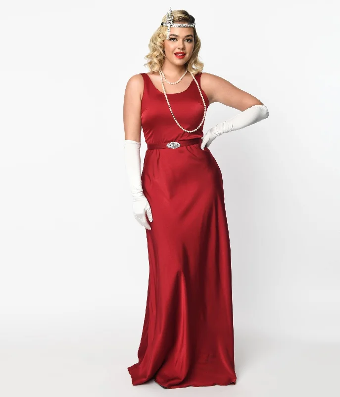 Unique Vintage 1930s Burgundy Belted Satin Gown