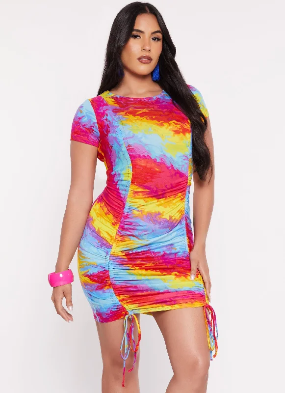 Rainbow Tie Dye Ruched T Shirt Dress