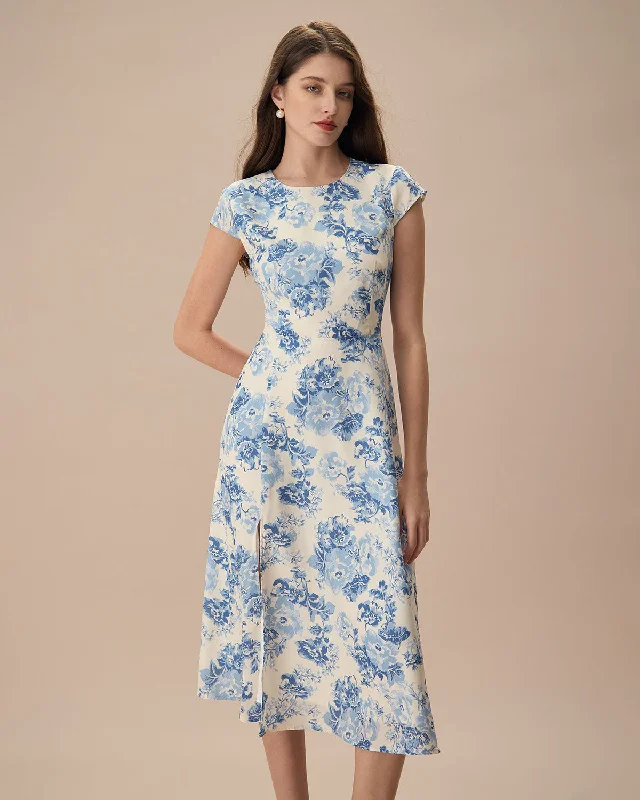 The Blue Round Neck Cap Sleeve Floral Midi Dress