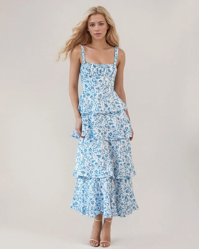 Women's Blue Floral Tiered Midi Dress