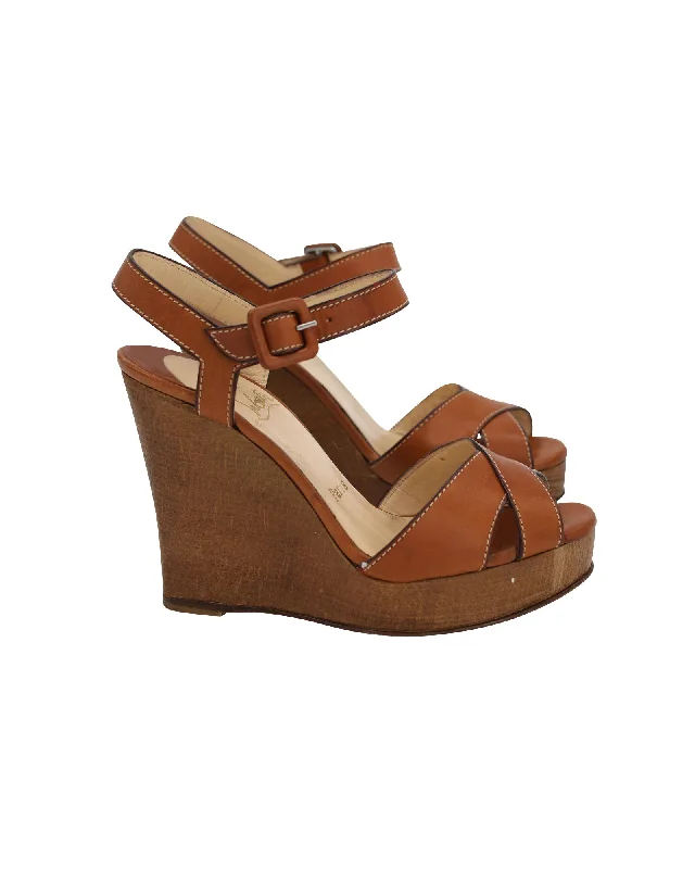 Christian Louboutin Wedge Heel Sandals in Caramel Brown Leather